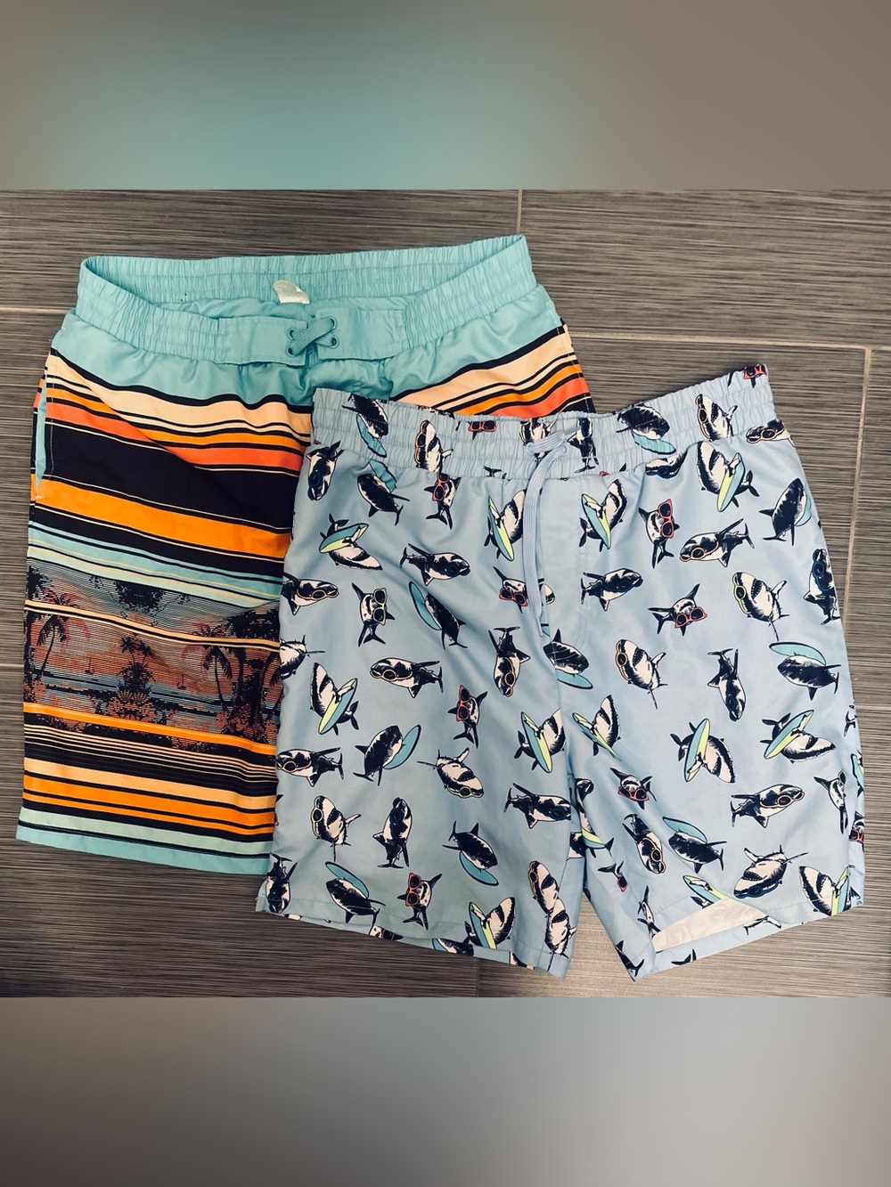 2 pr BOYS tween teen swim wear trunks bottoms 18 20 XL XXL sharks palm trees